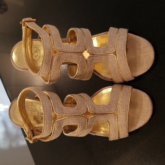 💕TORY BURCH💕 Leather Cage Sandal Heels ~ Open Toe Canvas & Gold 7.5 - Picture 1 of 14
